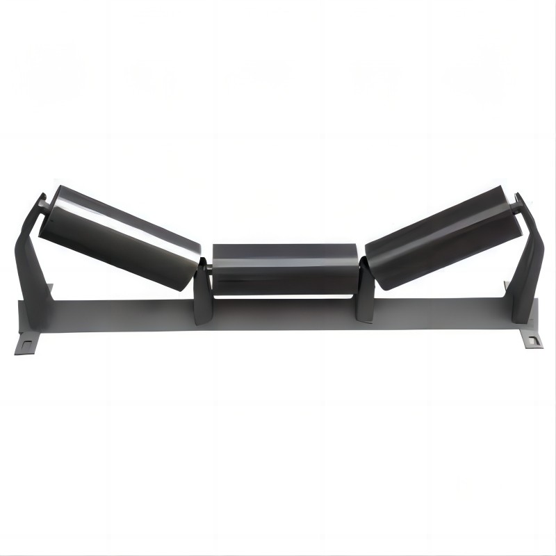 Close-up of a damaged conveyor idler bearing, showing signs of wear and seized rotation, highlighting the need for regular maintenance in industrial conveyor systems.